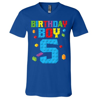 Master Builder 5th Birthday Boy 5 Five Year Building Bricks V-Neck T-Shirt