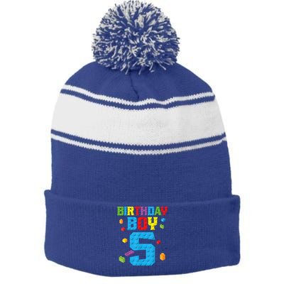 Master Builder 5th Birthday Boy 5 Five Year Building Bricks Stripe Pom Pom Beanie