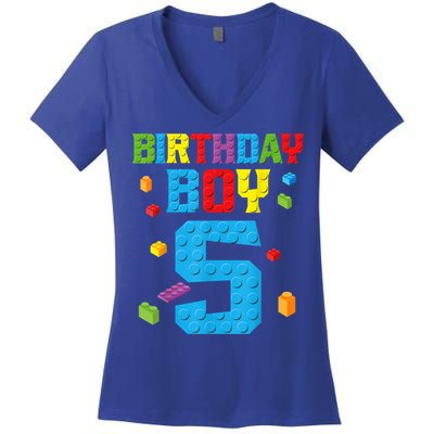 Master Builder 5th Birthday Boy 5 Five Year Building Bricks Women's V-Neck T-Shirt