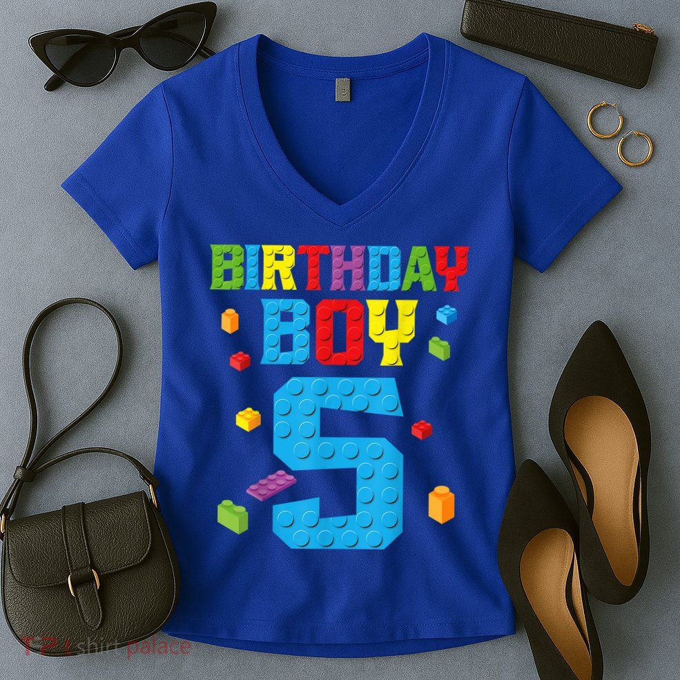Master Builder 5th Birthday Boy 5 Five Year Building Bricks Women's V-Neck T-Shirt
