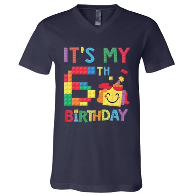 Master Builder 6th ItS My 6th Birthday Brick Blocks V-Neck T-Shirt