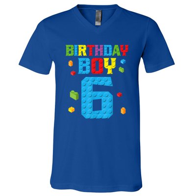 Master Builder 6th Birthday Boy 6 Six Year Building Bricks V-Neck T-Shirt