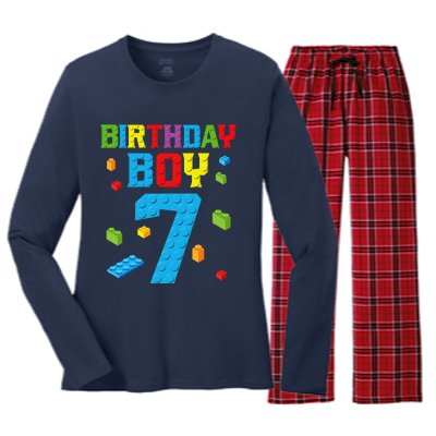 Master Builder 7th Birthday Boy 7 Seven Year Building Bricks Women's Long Sleeve Flannel Pajama Set 