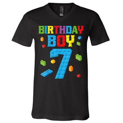 Master Builder 7th Birthday Boy 7 Seven Year Building Bricks Funny Gift V-Neck T-Shirt