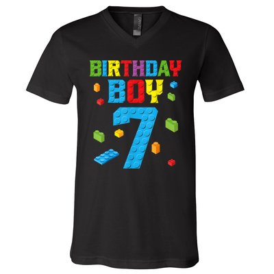 Master Builder 7th Birthday Boy 7 Seven Year Building Bricks Funny Gift V-Neck T-Shirt