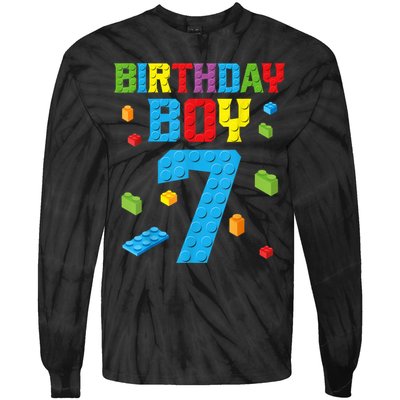 Master Builder 7th Birthday Boy 7 Seven Year Building Bricks Funny Gift Tie-Dye Long Sleeve Shirt