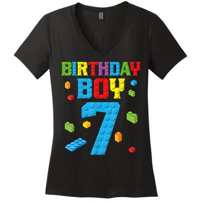 Master Builder 7th Birthday Boy 7 Seven Year Building Bricks Funny Gift Women's V-Neck T-Shirt