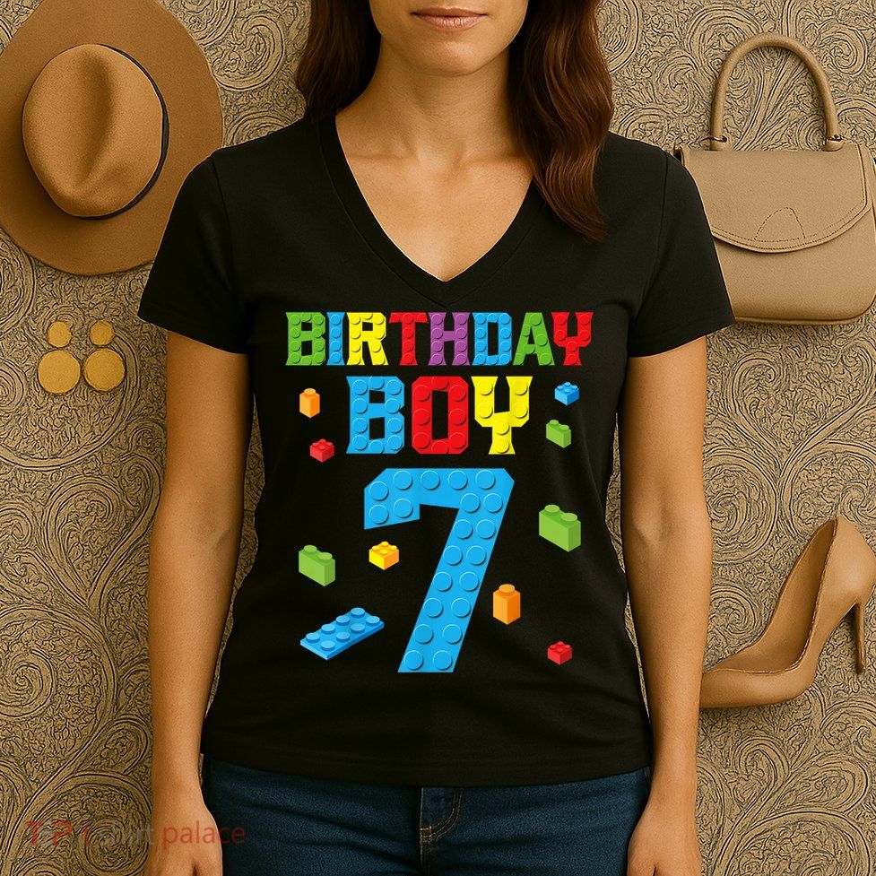 Master Builder 7th Birthday Boy 7 Seven Year Building Bricks Funny Gift Women's V-Neck T-Shirt