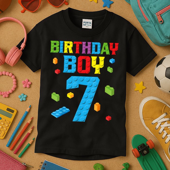 Master Builder 7th Birthday Boy 7 Seven Year Building Bricks Funny Gift Kids T-Shirt