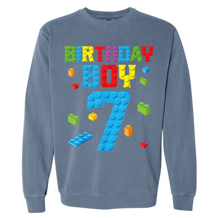 Master Builder 7th Birthday Boy 7 Seven Year Building Bricks Funny Gift Garment-Dyed Sweatshirt