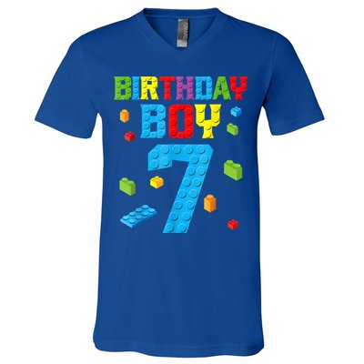 Master Builder 7th Birthday Boy 7 Seven Year Building Bricks V-Neck T-Shirt