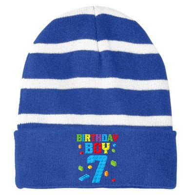 Master Builder 7th Birthday Boy 7 Seven Year Building Bricks Striped Beanie with Solid Band