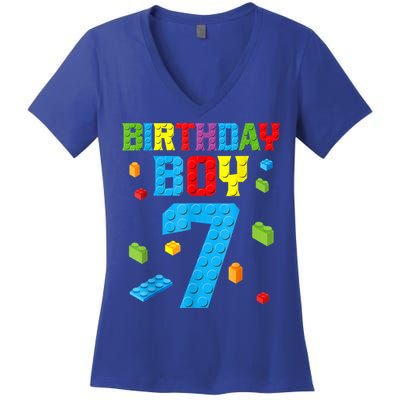 Master Builder 7th Birthday Boy 7 Seven Year Building Bricks Women's V-Neck T-Shirt