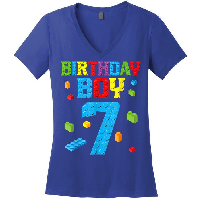 Master Builder 7th Birthday Boy 7 Seven Year Building Bricks Women's V-Neck T-Shirt