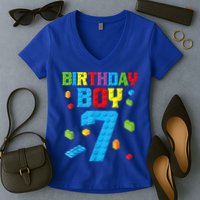 Master Builder 7th Birthday Boy 7 Seven Year Building Bricks Women's V-Neck T-Shirt