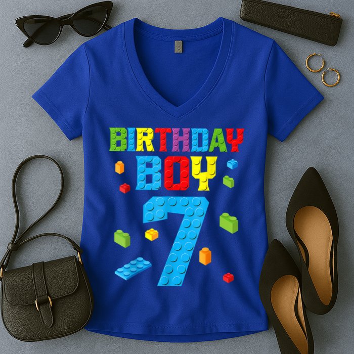 Master Builder 7th Birthday Boy 7 Seven Year Building Bricks Women's V-Neck T-Shirt