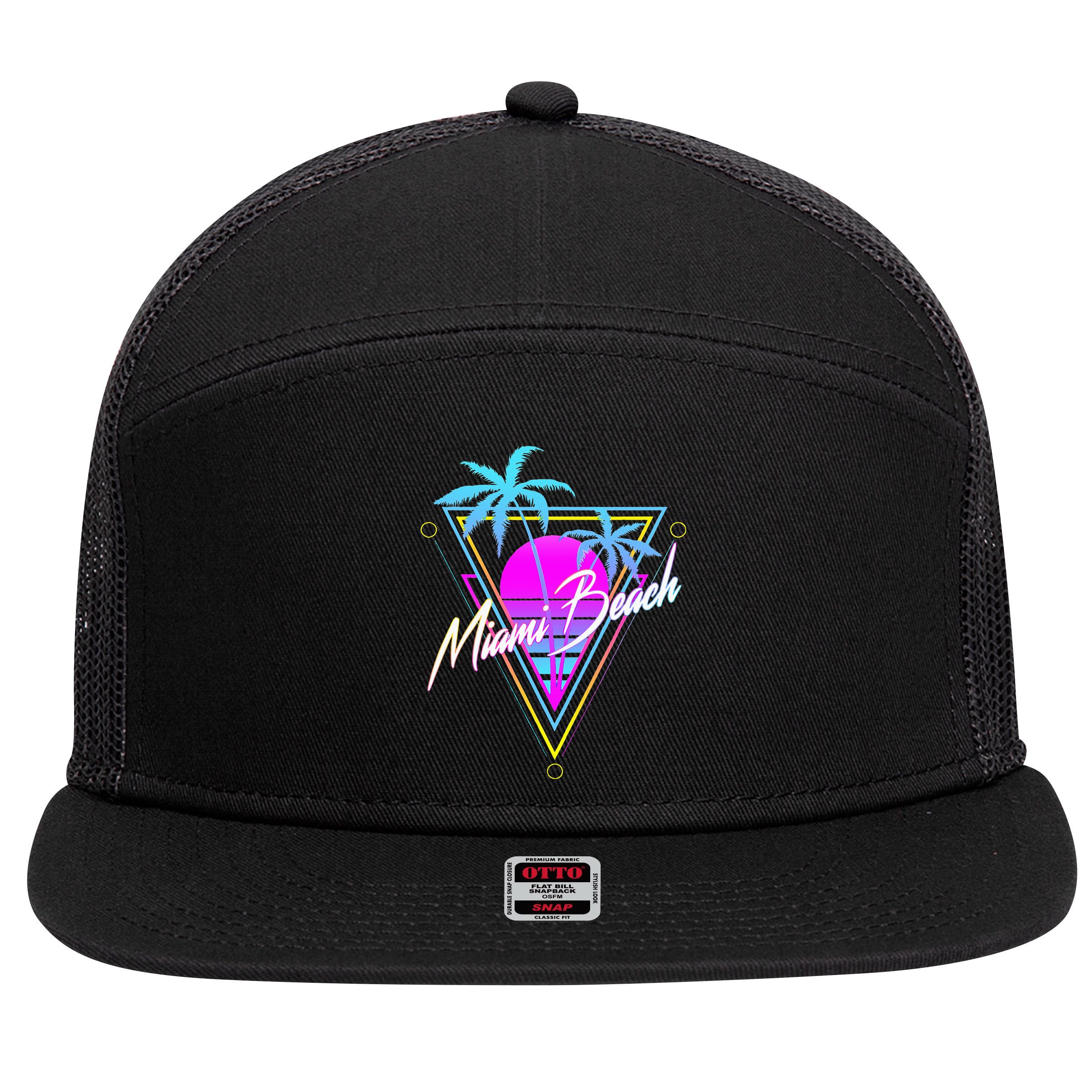 Miami Beach 80s Beach Souvenir 7 Panel Mesh Trucker Snapback Hat