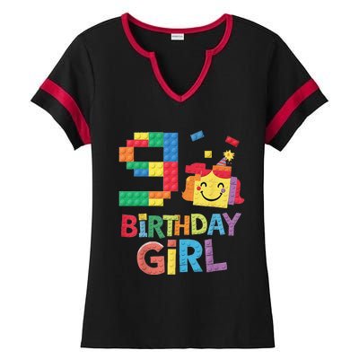 Master Builder 9th Birthday Girl 9 Year Old Brick Blocks Ladies Halftime Notch Neck Tee