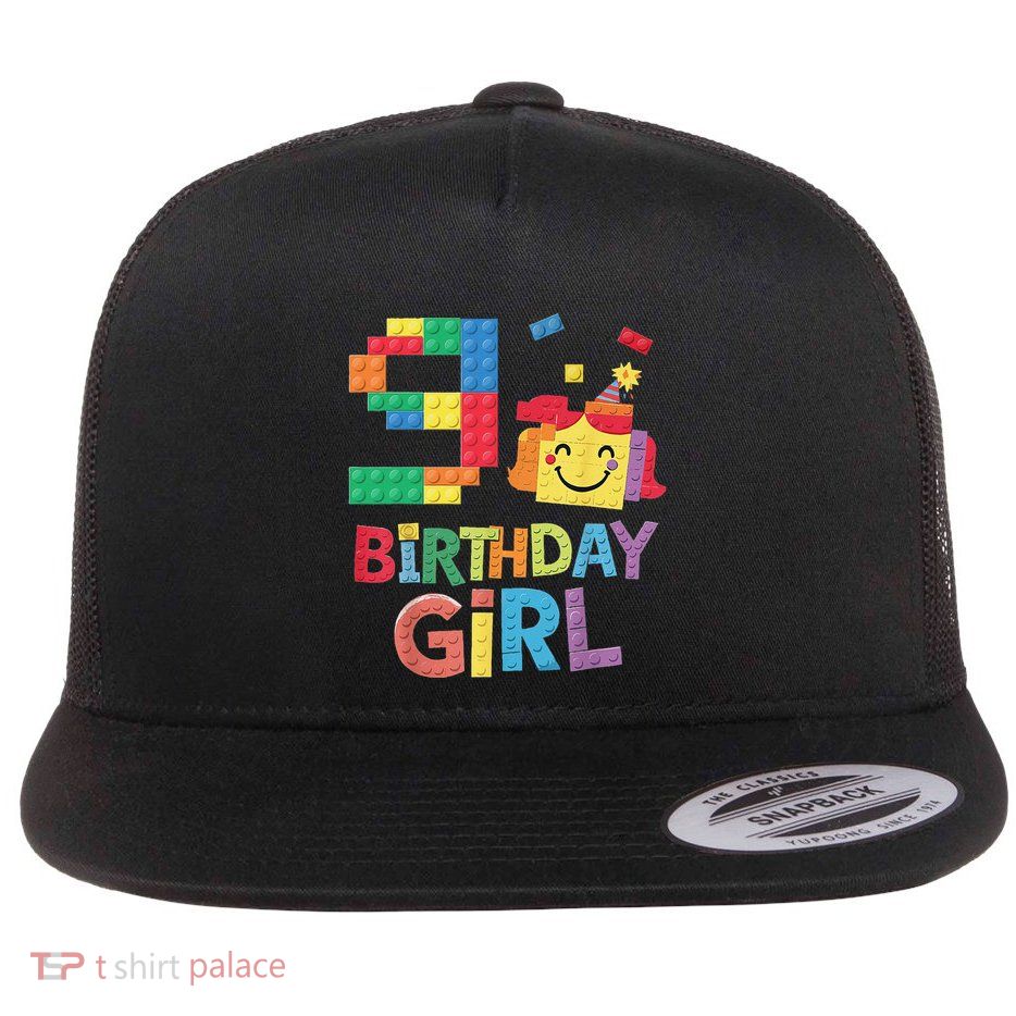 Master Builder 9th Birthday Girl 9 Year Old Brick Blocks Flat Bill Trucker Hat