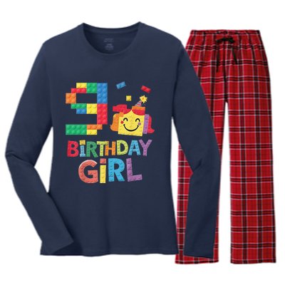 Master Builder 9th Birthday Girl 9 Year Old Brick Blocks Women's Long Sleeve Flannel Pajama Set 