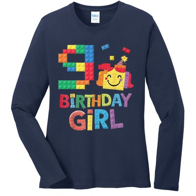 Master Builder 9th Birthday Girl 9 Year Old Brick Blocks Ladies Long Sleeve Shirt