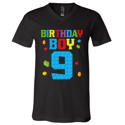 Master Builder 9th Birthday Boy Nine 9 Year Building Bricks V-Neck T-Shirt