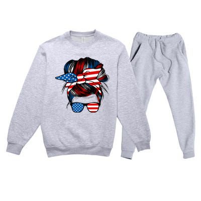 Messy Bun American Flag Glasses 4th Of July Patriotic Mom Premium Crewneck Sweatsuit Set