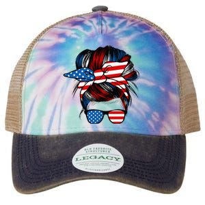 Messy Bun American Flag Glasses 4th Of July Patriotic Mom Legacy Tie Dye Trucker Hat