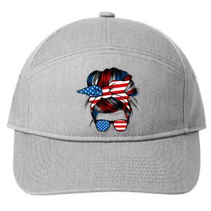 Messy Bun American Flag Glasses 4th Of July Patriotic Mom 7-Panel Snapback Hat