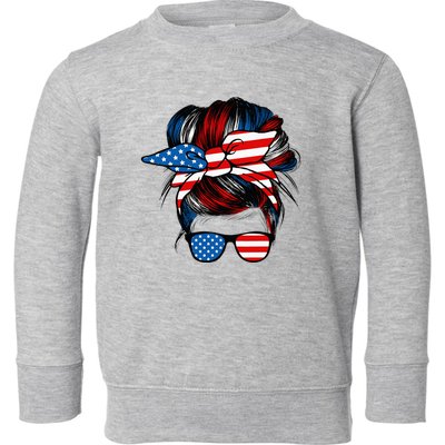 Messy Bun American Flag Glasses 4th Of July Patriotic Mom Toddler Sweatshirt