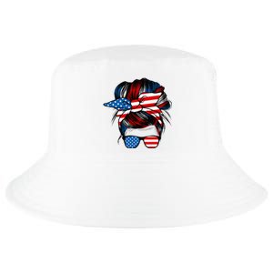 Messy Bun American Flag Glasses 4th Of July Patriotic Mom Cool Comfort Performance Bucket Hat