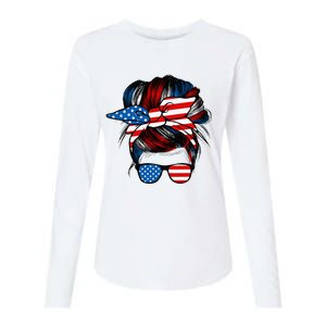 Messy Bun American Flag Glasses 4th Of July Patriotic Mom Womens Cotton Relaxed Long Sleeve T-Shirt