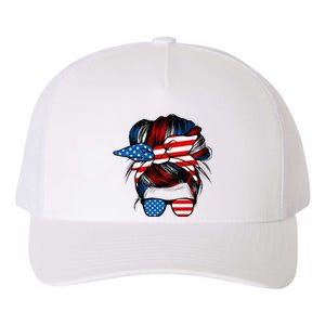 Messy Bun American Flag Glasses 4th Of July Patriotic Mom Yupoong Adult 5-Panel Trucker Hat