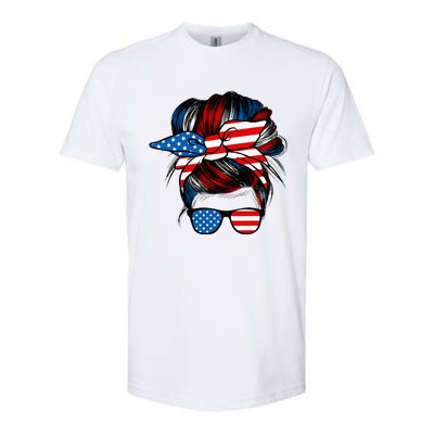 Messy Bun American Flag Glasses 4th Of July Patriotic Mom Softstyle® CVC T-Shirt