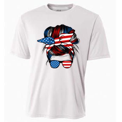 Messy Bun American Flag Glasses 4th Of July Patriotic Mom Cooling Performance Crew T-Shirt