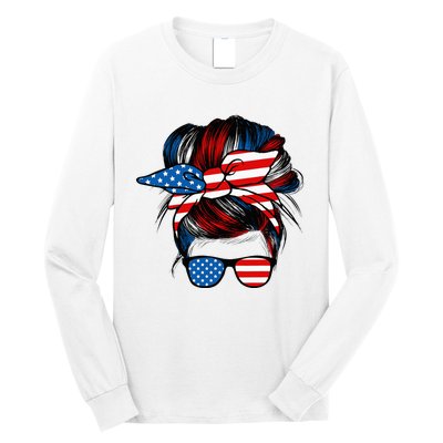 Messy Bun American Flag Glasses 4th Of July Patriotic Mom Long Sleeve Shirt