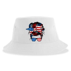 Messy Bun American Flag Glasses 4th Of July Patriotic Mom Sustainable Bucket Hat