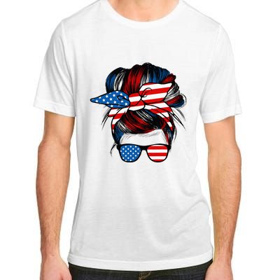 Messy Bun American Flag Glasses 4th Of July Patriotic Mom Adult ChromaSoft Performance T-Shirt