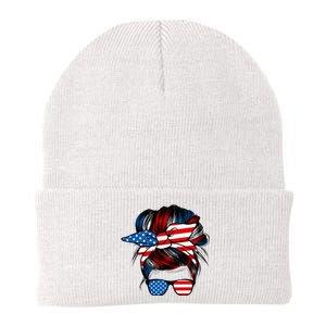 Messy Bun American Flag Glasses 4th Of July Patriotic Mom Knit Cap Winter Beanie