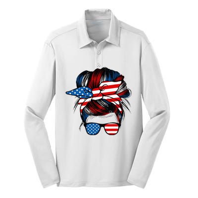 Messy Bun American Flag Glasses 4th Of July Patriotic Mom Silk Touch Performance Long Sleeve Polo