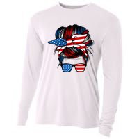 Messy Bun American Flag Glasses 4th Of July Patriotic Mom Cooling Performance Long Sleeve Crew