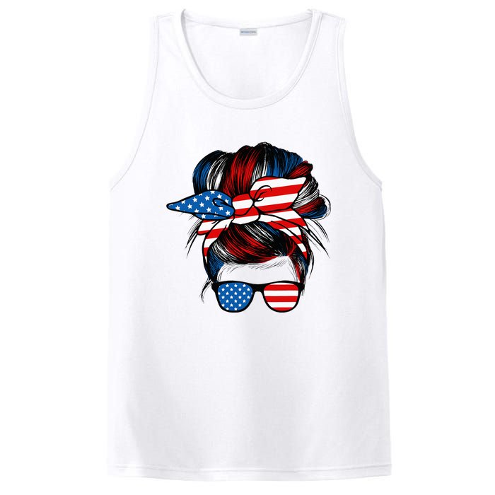 Messy Bun American Flag Glasses 4th Of July Patriotic Mom PosiCharge Competitor Tank