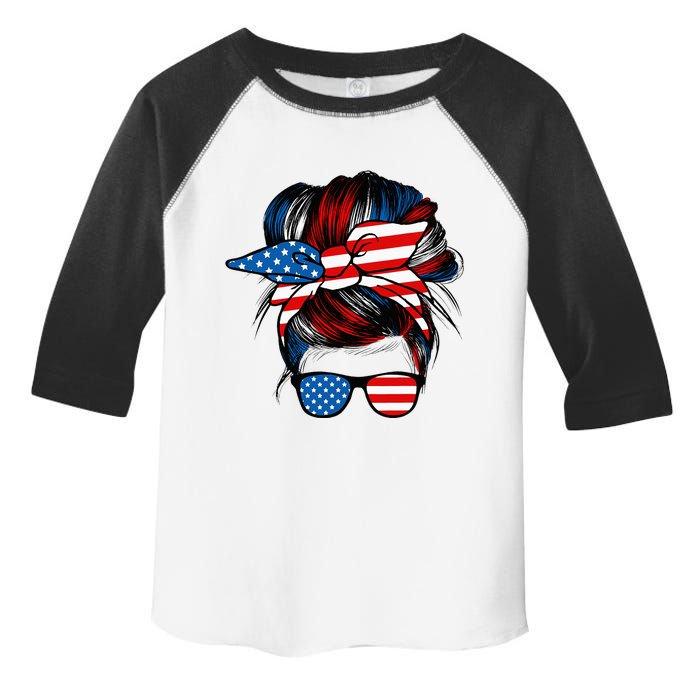 Messy Bun American Flag Glasses 4th Of July Patriotic Mom Toddler Fine Jersey T-Shirt