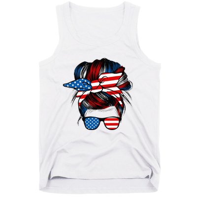 Messy Bun American Flag Glasses 4th Of July Patriotic Mom Tank Top