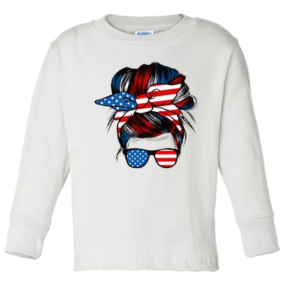 Messy Bun American Flag Glasses 4th Of July Patriotic Mom Toddler Long Sleeve Shirt