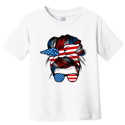 Messy Bun American Flag Glasses 4th Of July Patriotic Mom Toddler T-Shirt