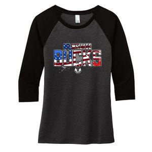 Milwaukee Bucks American Flag Distressed Paint Women's Tri-Blend 3/4-Sleeve Raglan Shirt