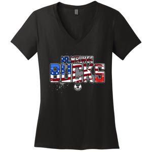 Milwaukee Bucks American Flag Distressed Paint Women's V-Neck T-Shirt