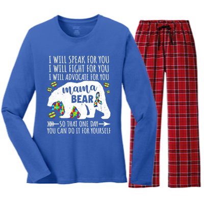 Mama Bear Autism I Will Speak Fight Advocate For You Gift Women's Long Sleeve Flannel Pajama Set 