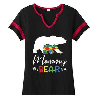 Mommy Bear Autism Awareness Great Gift Mama Gift Ladies Halftime Notch Neck Tee